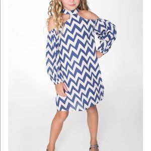 Blue and White Cold Shoulder Chevron Dress